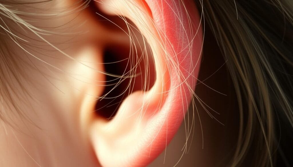 A close-up shot of an extreme close-up on the ear of an individual with exceptionally long ear hair, shot at a slightly high angle with soft, diffused lighting to highlight the delicate texture and length of the ear hair strands. The focus is sharp on the hairs themselves, with a gentle blurred background that emphasizes the remarkable nature of this unusual record-breaking feature. The overall mood is one of fascination and wonder at the peculiar and almost alien quality of these unusually long ear hair specimens.