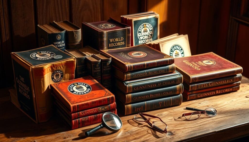 A collection of vintage Guinness World Records books, spanning decades, arranged on a worn wooden table. The aged, weathered covers and bindings tell a story of the publication's evolution, with each edition a unique snapshot in time. Warm, soft lighting casts gentle shadows, creating an atmosphere of nostalgia and curiosity. The books are placed artfully, their spines facing the viewer, inviting exploration of the wonders contained within. Subtle details, like a magnifying glass or a pair of reading glasses, hint at the fascination and wonder that has captivated audiences for generations.