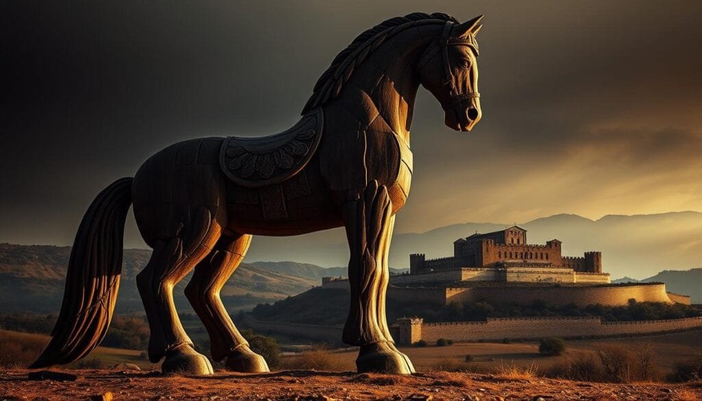 A colossal wooden horse stands tall in the foreground, its intricate carvings and imposing presence commanding attention. In the middle ground, the ancient walls of Troy loom, their fortifications a testament to the city's might. The background is a hazy landscape of rolling hills and a dusky sky, casting an ominous and foreboding atmosphere. Dramatic low-angle lighting accentuates the horse's towering form, creating a sense of awe and mystery. The scene evokes the cunning deception that led to the fall of Troy, a pivotal moment in ancient history that has left an indelible mark on our cultural consciousness.