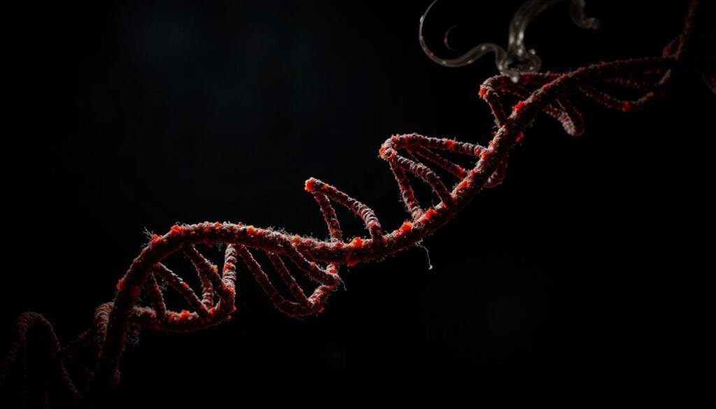 A complex DNA helix structure emerges from a shadowy, abstract background, with intricate intertwining strands and subtle hints of hidden functions within the so-called "junk DNA." Vivid colors and textures suggest the dynamism and potential within this enigmatic genetic material. Dramatic chiaroscuro lighting casts dramatic shadows, creating an atmosphere of scientific discovery and revelation. The composition is balanced, with the DNA taking center stage, surrounded by swirling, ethereal elements that evoke the unseen depths of the human genome.