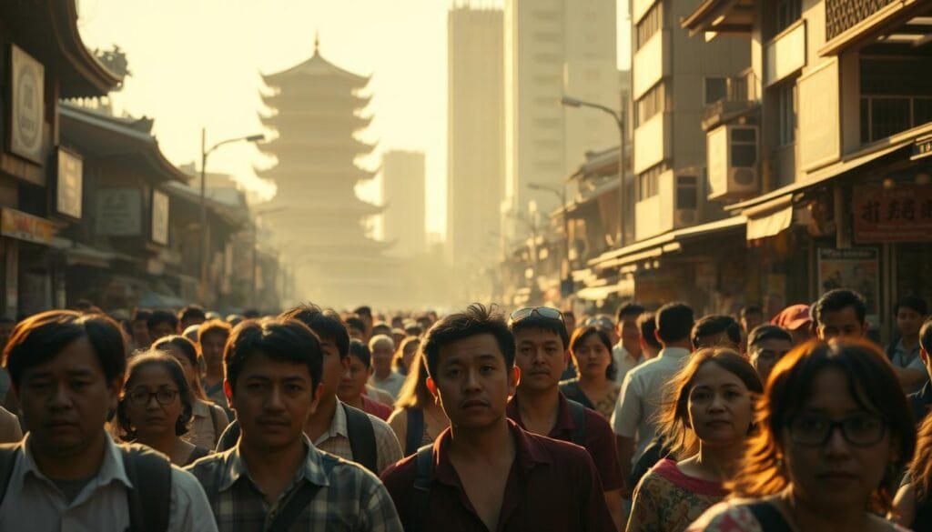 A crowded street in a bustling urban center, people of diverse backgrounds navigating unfamiliar cultural landscapes. In the foreground, a group of tourists appear overwhelmed, their expressions reflecting confusion and uncertainty. The middle ground features a local vendor hawking wares, their body language and attire signaling a distinct cultural divide. In the background, towering architectural structures blend traditional and modern elements, casting dramatic shadows that evoke a sense of cultural complexity. Warm, golden lighting filters through the scene, creating an atmospheric, almost mystic quality, as if to suggest the challenges and rewards of immersive cultural experiences. Capture the tension and wonder of stepping into the unknown, where barriers of language and customs test one's adaptability and open-mindedness.