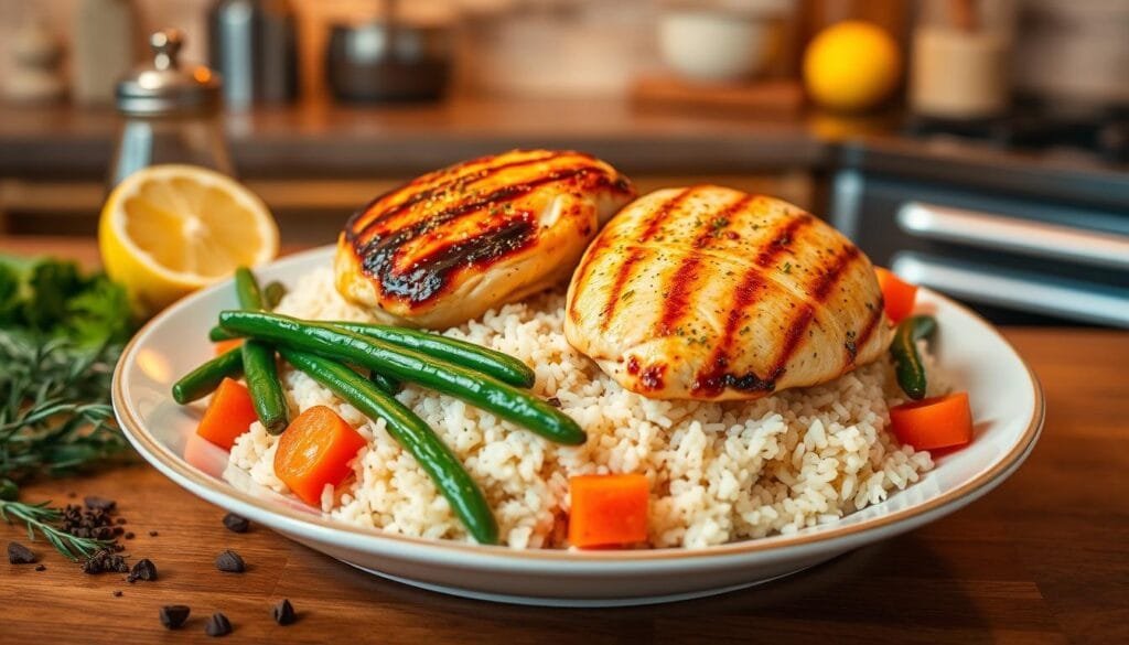 A delectable and healthy main dish, ready in just 30 minutes. Against a warm, softly-lit kitchen backdrop, a large, bountiful plate takes center stage. Tender, juicy chicken breasts, seared to perfection, rest atop a bed of fluffy, fragrant rice. Vibrant green beans and carrots, glistening with a light glaze, provide a colorful contrast. The mise en place of fresh herbs, spices, and a squeeze of lemon evoke a sense of rustic, homemade elegance. Warm, golden light casts a cozy glow, inviting the viewer to imagine the tempting aromas and satisfying flavors of this delicious, nutritious main course.