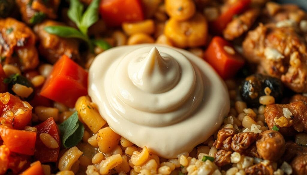A delicate swirl of rich, velvety crema gently crowning a variety of savory dishes, creating a visually captivating and flavorful presentation. A creamy, off-white dollop gracefully nestled amidst brightly colored vegetables, proteins, and grains, elevating the overall appeal and harmonizing the textures. Soft shadows dance across the surface, hinting at the luxurious mouthfeel and subtle tang of the crema. The composition is balanced, with the crema serving as the focal point, framed by the complementary hues and shapes of the surrounding elements. Warm, diffused lighting casts a inviting glow, evoking a sense of homemade comfort and culinary expertise.