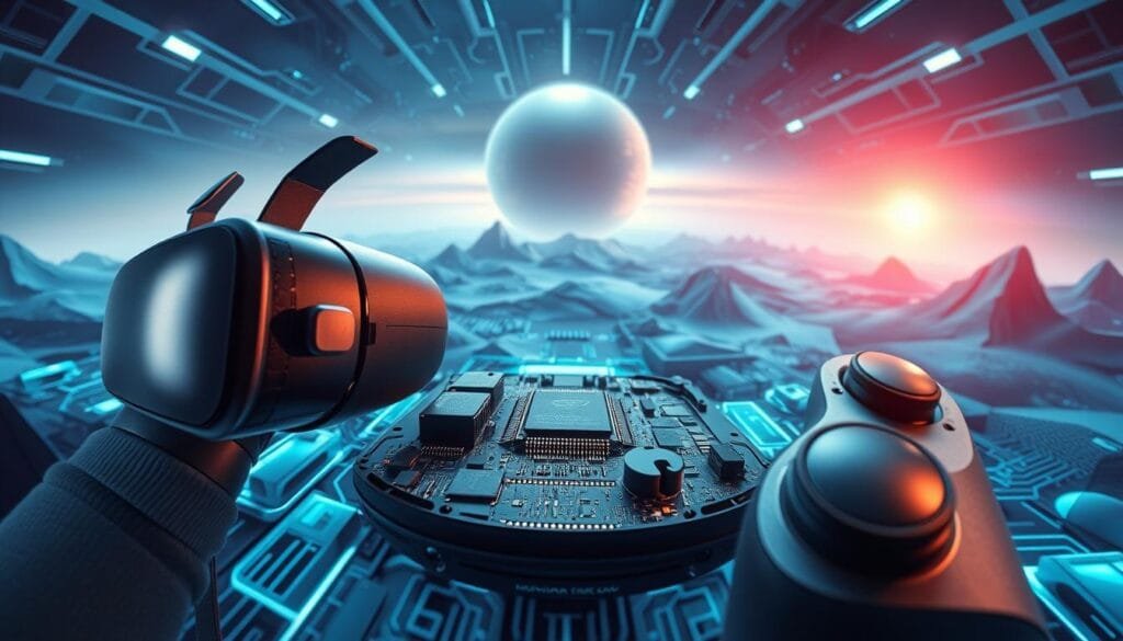 A detailed, 360-degree view of the core components that power virtual reality technology. In the foreground, sleek VR headset and controllers with intricate textural details. The middle ground showcases the complex circuit boards, microchips, and sensors that enable immersive 3D experiences. In the background, a futuristic landscape of abstract shapes and geometric patterns, representing the advanced algorithms and software powering the VR ecosystem. Dramatic lighting with cool tones and sharp shadows emphasizes the technical sophistication. The overall composition conveys a sense of cutting-edge innovation and the boundless potential of virtual reality.
