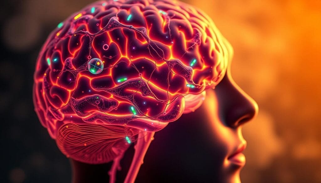 A detailed close-up portrait of a human brain, with intricate neural pathways and synaptic connections glowing in vibrant colors. The brain is set against a hazy, ethereal background, suggesting the complex, intertwined nature of genetic and behavioral factors. Warm, soft lighting illuminates the scene, creating an intimate, contemplative atmosphere. The image conveys the delicate balance and profound impact of our genetic makeup on the physiological and behavioral development of the human mind.