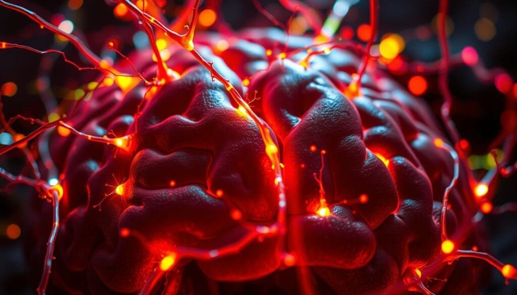 A detailed, close-up view of vibrant neural connections firing across a dark, organic brain. The foreground showcases a network of glowing, multicolored synapses and axons, capturing the dynamic, electrical communication between neurons. The middle ground reveals the intricate folds and textures of the brain matter, with a sense of depth and volume. The background is shrouded in shadows, focusing the viewer's attention on the mesmerizing neural activity. Bright, dramatic lighting casts dramatic shadows, enhancing the sense of energy and intensity. Shoot with a wide-angle lens to capture the scale and complexity of the neurological processes.