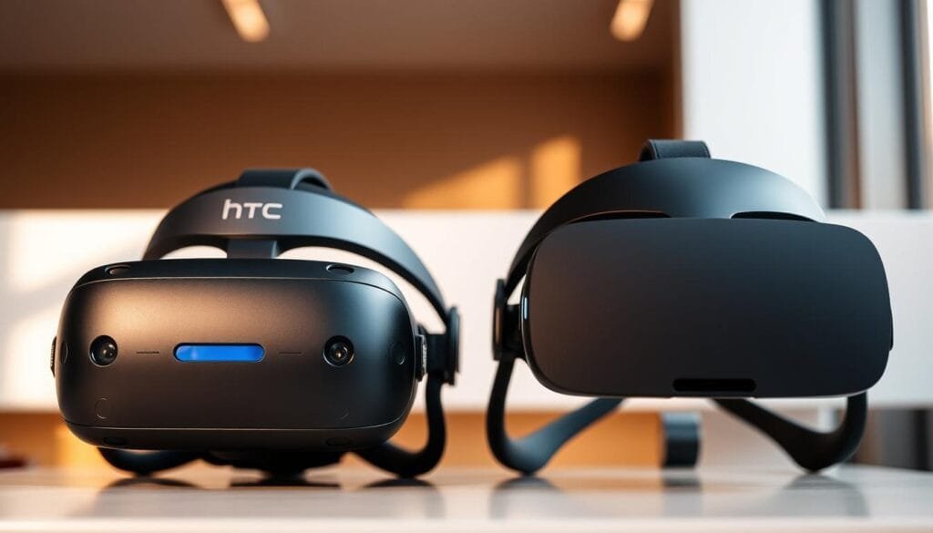 A detailed, comparative view of the HTC Vive and Oculus Rift virtual reality headsets, showcased in a sleek, modern setting. The headsets are positioned side-by-side, their distinct designs and features highlighted under warm, natural lighting. The scene conveys a sense of technological sophistication, inviting the viewer to closely examine and compare the nuances of these two pioneering VR devices. The background is minimalist, allowing the products to take center stage and emphasize their role as the key players in the evolving world of virtual reality.