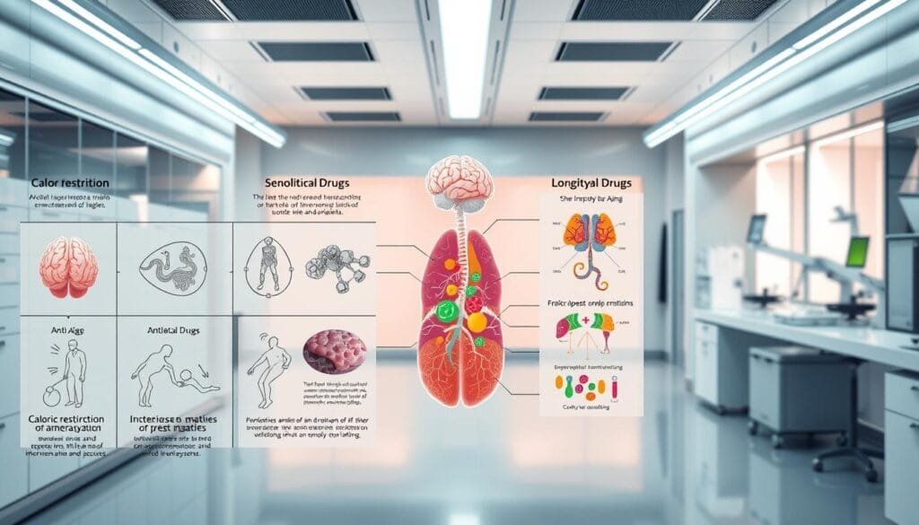 A detailed comparative visual analysis of anti-aging methods. In the foreground, a series of clean, scientific illustrations depict the key mechanisms of caloric restriction, senolytic drugs, and other longevity interventions. The middle ground showcases stylized anatomical diagrams highlighting areas impacted by aging, with vibrant colors denoting cellular processes. In the background, a sleek, futuristic laboratory setting with advanced medical equipment projects an atmosphere of cutting-edge scientific research. Crisp lighting, a muted color palette, and a sense of clinical precision convey the technical, evidence-based nature of this topic. The overall composition aims to elucidate the nuances and tradeoffs between different anti-aging approaches in a visually engaging and informative manner.