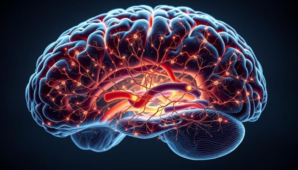 A detailed cross-section of the human brain, showcasing the intricate network of neurons and their dynamic interconnections. The scene is illuminated by a soft, diffused lighting, highlighting the delicate filaments and the intricate dance of electric signals flowing between the neural pathways. The background is a subtle, muted palette, allowing the vibrant synaptic connections to take center stage. The perspective is slightly elevated, providing a comprehensive view of the cerebral architecture, conveying the power and complexity of the human mind. The overall atmosphere is one of awe and wonder, inviting the viewer to explore the inner workings of this remarkable organ.