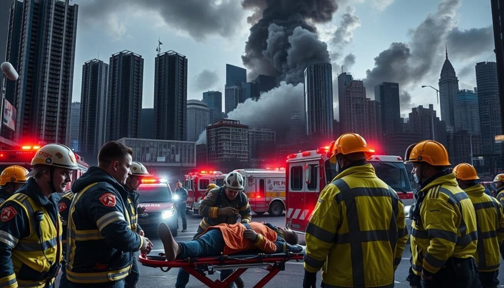 A detailed emergency response operation unfolding in a bustling urban setting. In the foreground, a team of first responders in reflective uniforms and protective gear attend to an injured individual on a stretcher, their faces focused and determined. In the middle ground, emergency vehicles with flashing lights are parked, their crews rushing to provide assistance. In the background, a towering skyline of modern high-rises is partially obscured by billowing plumes of smoke, suggesting an unfolding crisis. The scene is illuminated by dramatic, high-contrast lighting, casting dramatic shadows and highlights that convey a sense of urgency and intensity. The overall mood is one of controlled chaos, with the responders working efficiently to address the emergency at hand.