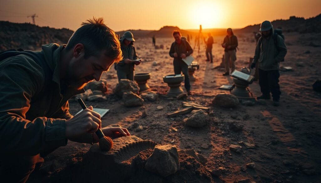 A dimly lit archaeological site, with a team of modern researchers carefully excavating ancient artifacts. In the foreground, a paleontologist carefully brushes away sediment from a fossil, their face illuminated by the soft glow of a handheld light. In the middle ground, a geologist examines rock samples, taking meticulous notes. In the background, a team of archaeologists meticulously maps the site, using advanced surveying equipment. The atmosphere is one of focused concentration, as the researchers uncover the secrets of the past using the latest scientific techniques and technologies. The scene is bathed in the warm, golden light of the setting sun, casting long shadows across the dusty ground.