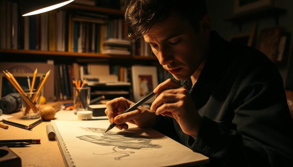 A dimly lit art studio with a focused, determined artist practicing a new skill. In the foreground, a hand grips a charcoal pencil, sketching intently on a weathered sketchpad. The middle ground reveals an assortment of art supplies - various pencils, erasers, and a small cup of water. In the background, shelves lined with books and art reference materials create a cozy, contemplative atmosphere. Warm, directional lighting casts shadows that accentuate the artist's concentrated expression. The overall mood is one of quiet dedication, as the artist persistently hones their craft through constant practice.