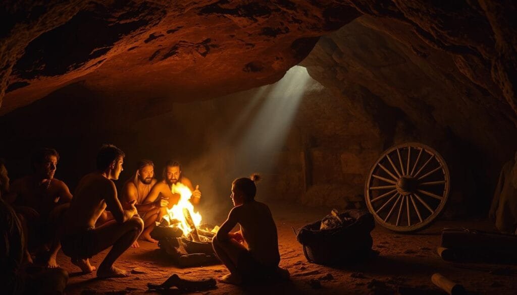 A dimly lit cave interior, illuminated by the warm glow of a newly discovered fire. In the foreground, a group of early humans huddled around the flickering flames, their faces alight with wonder and excitement. In the middle ground, another group gestures animatedly, discussing the revolutionary potential of this newfound power. In the background, a massive, primitive wheel lies on the ground, hinting at the technological advancements to come. The scene is bathed in a rich, earthy color palette, capturing the primal essence of this pivotal moment in human history. The lighting is dramatic, casting deep shadows and highlighting the tactile textures of the cave walls and the subjects' weathered skin. The composition is balanced, drawing the viewer's eye to the center of the action, while the periphery suggests the vast potential of these foundational discoveries.