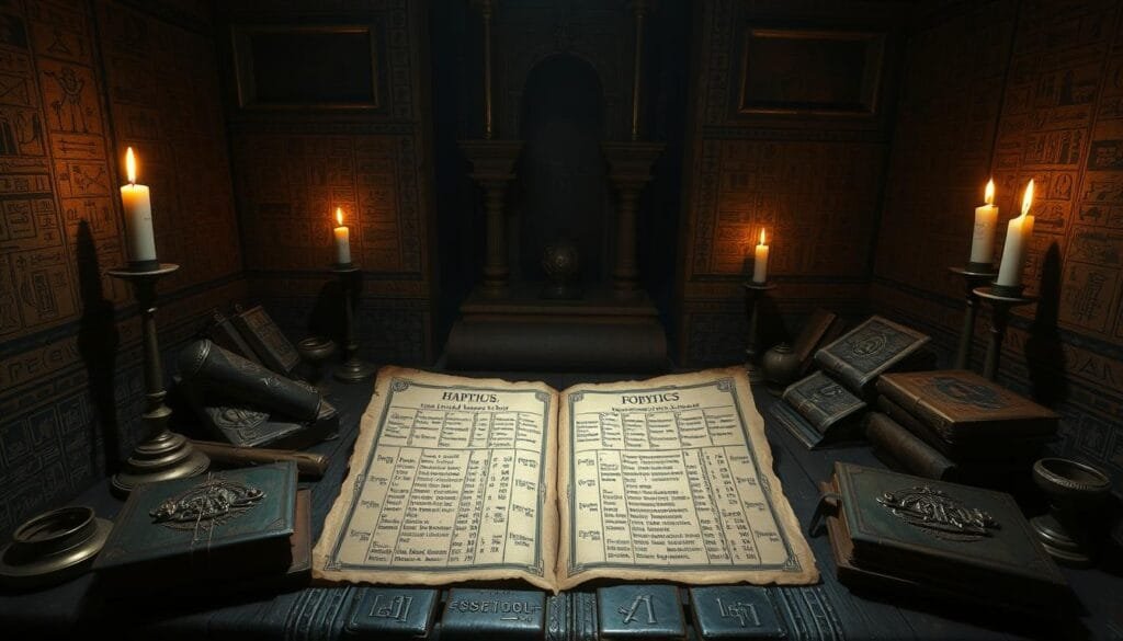 A dimly lit chamber, its walls adorned with intricate symbols and hieroglyphics, illuminated by a soft, flickering candlelight. In the center, a weathered parchment lies open, revealing an enigmatic code that has eluded decipherment for centuries. Surrounding it, ancient artifacts and tattered tomes, each holding a clue to the secrets of the past. The atmosphere is one of mystery and intrigue, inviting the viewer to unravel the mysteries of history that have remained unsolved.