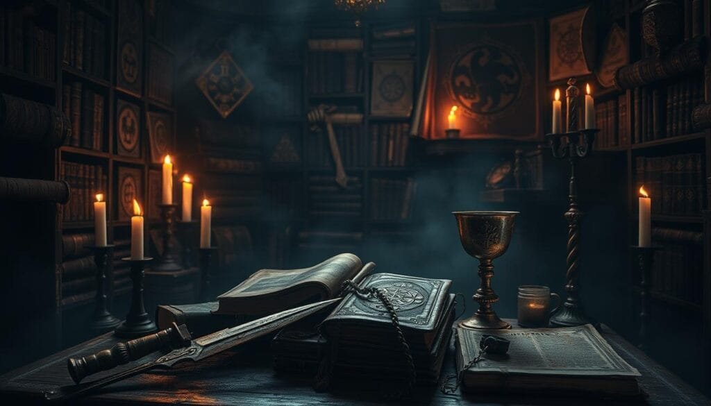 A dimly lit, gloomy chamber adorned with ancient tomes and arcane symbols, the air thick with an unsettling energy. In the foreground, a collection of cursed artifacts – a rusted dagger, a tarnished chalice, and a tattered journal – radiating an ominous aura. Shadows creep along the walls, hinting at the dark secrets they hold. The scene is illuminated by the flickering glow of candles, casting an eerie, otherworldly light that accentuates the foreboding atmosphere. The overall composition evokes a sense of mystery, dread, and the unknown – a portal into the chilling legends of the cursed objects that have haunted the dreams of many.