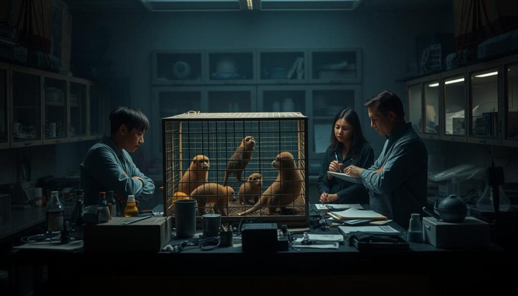 A dimly lit laboratory setting, with scientific equipment and tools scattered across a cluttered workbench. In the center, a group of researchers intently observe a cage containing a variety of animal subjects, their expressions thoughtful and focused as they meticulously record their observations. The lighting is warm and muted, casting subtle shadows that lend an air of contemplation to the scene. The background is hazy, with blurred shelves and cabinets, suggesting the depth and complexity of the cognitive research being conducted. The overall atmosphere conveys the challenges and intellectual rigor inherent in the study of animal intelligence.