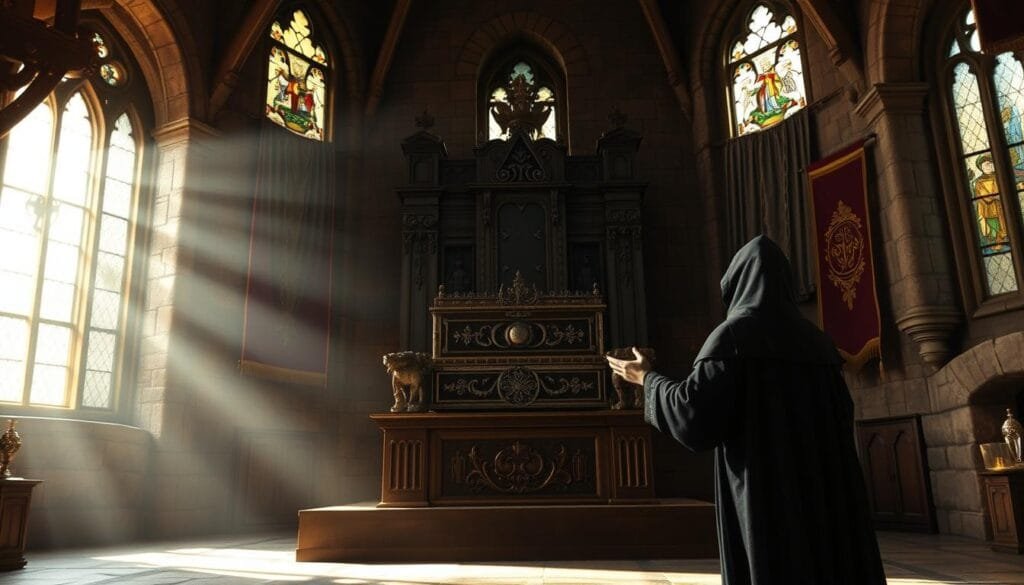 A dimly lit medieval throne room, where a bejeweled and ornate casket sits atop a massive carved throne, its contents the lost treasures of King John 'the Bad'. Sunlight filters through stained glass windows, casting a warm, mystical glow across the room. Aged stone walls are adorned with tapestries and banners, hinting at the room's former grandeur. The air is thick with the weight of history and the promise of untold riches. A lone, cloaked figure stands before the throne, hand outstretched, ready to uncover the legendary Tesoro Perdido.