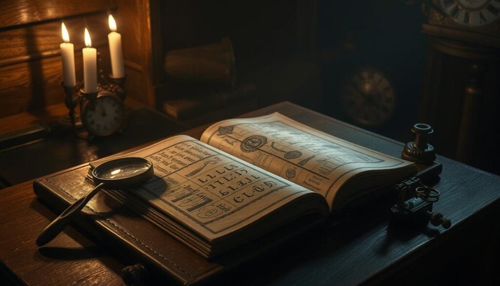 A dimly lit room, the air heavy with a sense of secrecy. On a sturdy wooden desk, an old leather-bound journal lies open, its pages revealing faded diagrams and encoded symbols. Beside it, an antique magnifying glass and a worn mechanical cipher device, the intricate gears and springs hinting at the complexity of the secrets they guard. Shadows cast by flickering candlelight dance across the scene, creating an atmosphere of intrigue and mystery. The only sound is the soft ticking of an old clock, measuring the passage of time as the guardians of these ancient codes ponder their next move, ever vigilant against those who would uncover their hidden truths.
