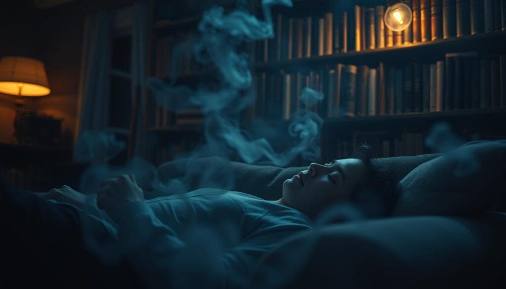 A dimly lit room with a sense of mystery and introspection. In the foreground, a person lying on a couch, eyes closed, deep in a dreamlike state. Surrounding them, ethereal wisps of color and light, hinting at the subconscious realms being explored. In the background, a bookshelf overflowing with tomes on dream analysis and psychology, casting a warm, scholarly glow. The overall atmosphere is one of contemplation and the search for understanding the complexities of the human mind and its nocturnal wanderings.