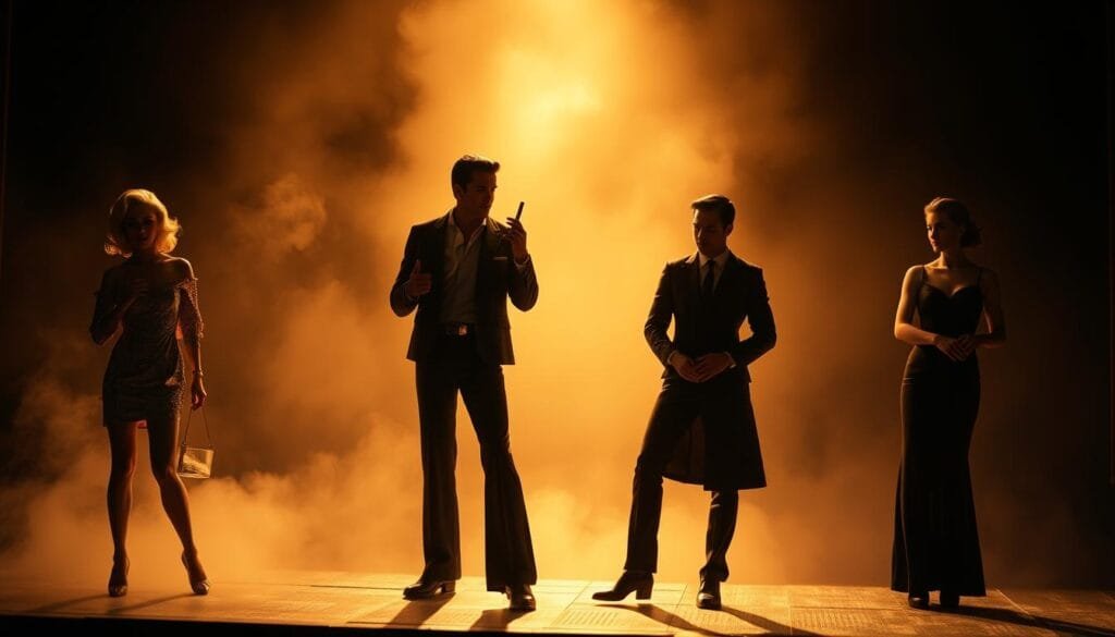 A dimly lit stage, with iconic celebrities from throughout history - Marilyn Monroe, Elvis Presley, James Dean, Audrey Hepburn - seemingly materializing from the shadows. The figures stand in various dramatic poses, their faces and bodies illuminated by a soft, golden glow that casts long, dramatic shadows across the scene. The background is hazy, with hints of a crowd or audience just out of focus, creating a sense of mystery and intrigue. The overall atmosphere is one of timelessness and the enduring power of fame, capturing the essence of "Mitos Urbanos del Mundo del Entretenimiento y Famosos".