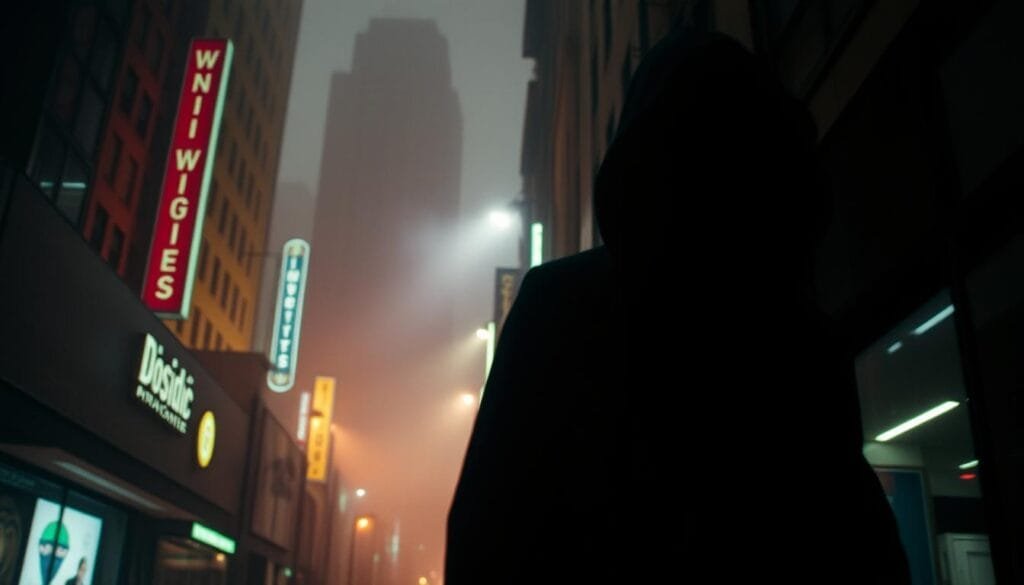 A dimly lit urban setting, with a sense of mystery and intrigue. In the foreground, a shadowy figure emerges from the darkness, hinting at the unseen and the unexplained. The background is a blend of towering buildings, neon lights, and haunting shadows, creating an atmosphere of unease and the unknown. The lighting is cinematic, with dramatic contrasts and a moody, eerie ambiance. The camera angle is slightly low, adding to the sense of foreboding and the feeling that something lurks just out of sight. The overall composition evokes the essence of urban legends - the blurring of fact and fiction, the unsettling sense of the supernatural in the mundane.