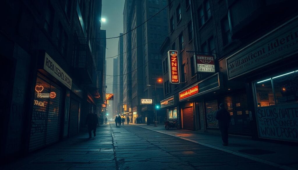 A dimly lit urban street, with flickering neon signs casting an eerie glow on the cracked sidewalks. In the shadows, whispers of mysterious legends and urban myths seem to drift through the air, capturing the imagination of passersby. Towering buildings loom in the background, their facades adorned with graffiti and posters hinting at the hidden stories they hold. The scene evokes a palpable sense of the supernatural, where the line between reality and fantasy blurs, reflecting the powerful influence of urban legends on popular culture.