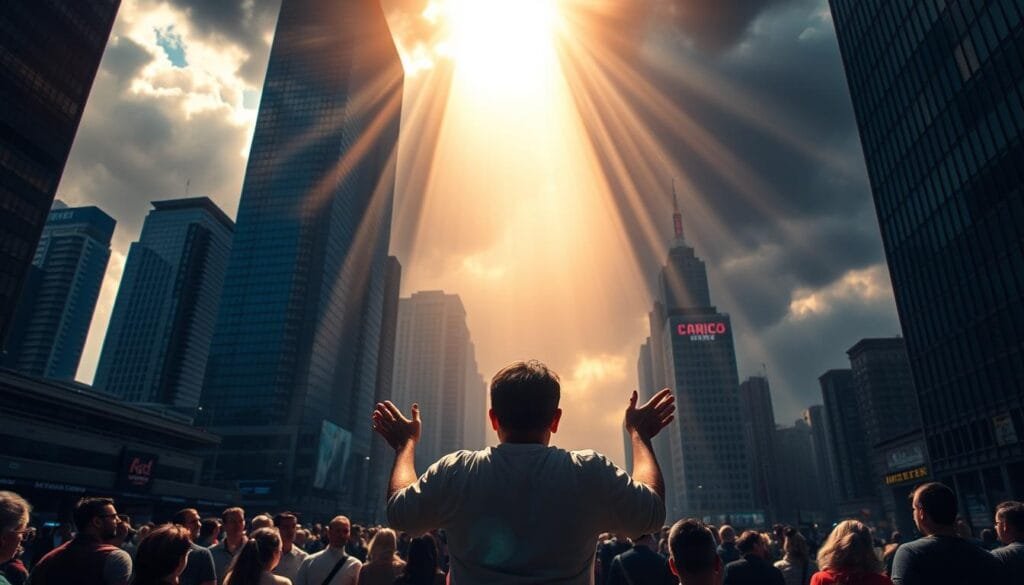 A dramatic modern interpretation of divine intervention, set against a backdrop of towering skyscrapers and bustling city streets. In the foreground, a vibrant shaft of heavenly light cascades down, illuminating a humble figure in prayer. Their hands are raised, conveying a sense of awe and supplication. The middle ground features a crowd of onlookers, their expressions a mix of wonder and reverence. The lighting is dramatic, with rays of light breaking through ominous clouds, casting long shadows and creating a sense of grandeur and mystery. The overall mood is one of spiritual awakening and the presence of a higher power amidst the trappings of the modern world.