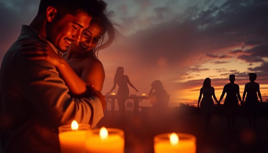 A dreamy, romantic scene depicting the different types of love. In the foreground, a couple tenderly embracing, their faces illuminated by the soft, golden glow of candlelight. In the middle ground, a family gathered around a table, laughing and sharing a meal. In the background, a group of friends walking hand-in-hand, their silhouettes backlit by a vibrant sunset. The overall atmosphere is one of warmth, intimacy, and deep connection, reflecting the diverse expressions of love. Captured with a wide-angle lens to create a sense of depth and inclusion, the image conveys the multifaceted nature of "tipos de amor."