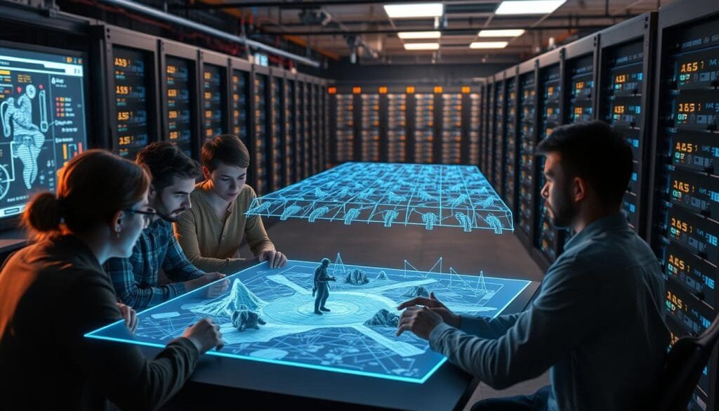 A dynamic scene depicting the optimization of game development processes. In the foreground, a team of programmers and designers collaborate intently around a holographic projection of a complex 3D game world, their faces lit by the glow of displays. In the middle ground, a matrix of algorithmic visualizations charts the iterative refinement of AI-driven non-player characters, their behaviors adapting in real-time. The background reveals a vast server farm, the hum of high-performance computing hardware powering the endless cycle of testing and improvement. The overall atmosphere is one of technological innovation, creative synergy, and a steadfast commitment to enhance the player experience through the seamless integration of human creativity and machine intelligence.