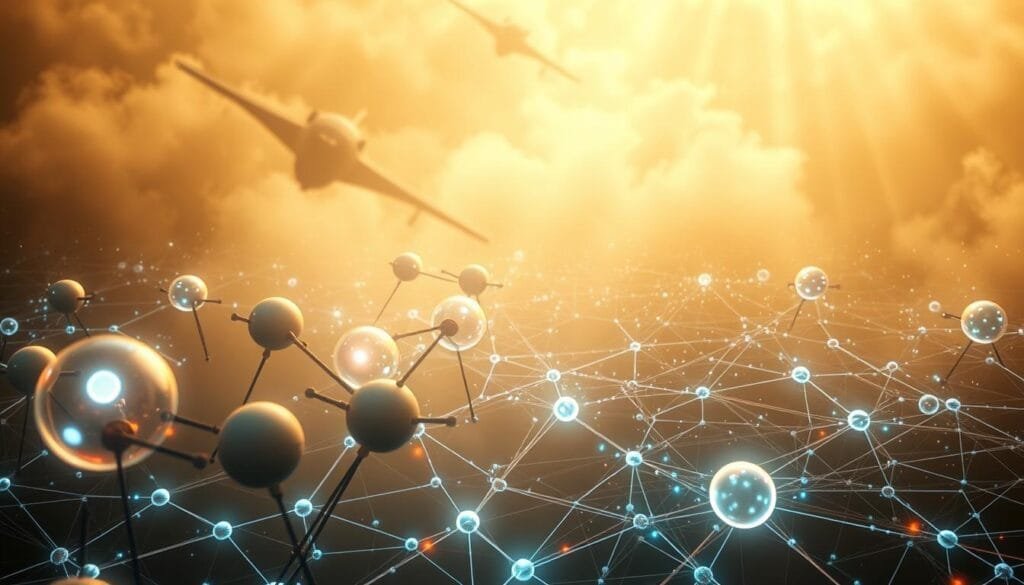 A futuristic and dynamic scene depicting the interplay of intelligent software agents, known as multi-agent frameworks. In the foreground, several spherical and geometric agents are interacting, their forms glowing with an ethereal light. In the middle ground, a complex network of interconnected nodes and pathways represents the underlying infrastructure that enables the agents to communicate and collaborate. The background is shrouded in a hazy, dreamlike atmosphere, hinting at the vast potential and possibilities of this emerging technology. The lighting is dramatic, with a combination of warm and cool tones, creating a sense of depth and mystery. The overall composition conveys a sense of innovation, interconnectedness, and the transformative power of intelligent agent-based systems.