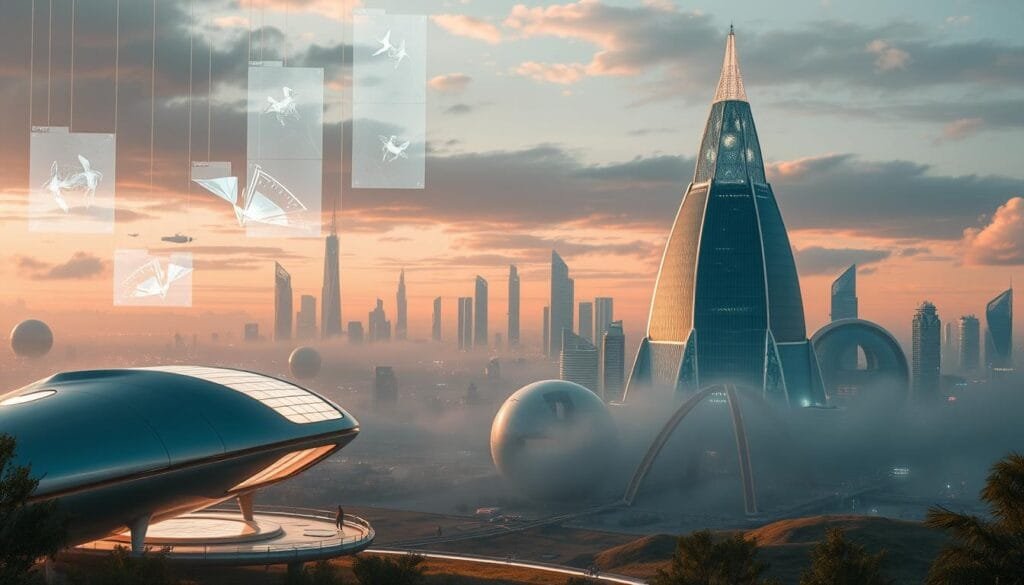 A futuristic landscape with floating architecture, holograms, and technological wonders. In the foreground, a sleek, metallic structure with a curved, minimalist design and luminous panels. Suspended in the air, a series of holographic displays project ephemeral, abstract images. The middle ground features a towering, organic-inspired building with a transparent facade, revealing its inner workings. In the distance, a skyline of gleaming, pyramidal skyscrapers and flying vehicles, all bathed in a warm, amber glow. The scene conveys a sense of wonder, progress, and the boundless possibilities of the future, as imagined through the lens of art and literature.