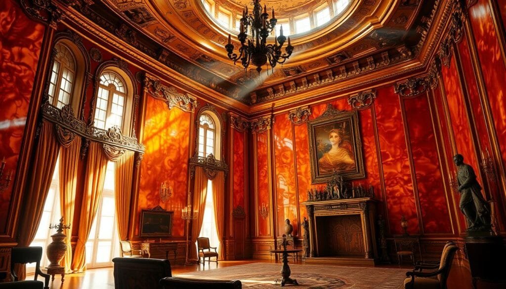 A grand and opulent amber-hued chamber, the walls aglow with the warm radiance of meticulously crafted Baltic amber panels. Intricate carvings and gilded trims adorn the space, creating an atmosphere of regal splendor. Soft lighting casts a gentle, dreamlike ambiance, illuminating the grandeur of this lost treasure. The room's ornate furnishings and ornaments hint at its former glory, now shrouded in mystery, awaiting rediscovery. Sunlight filters through tall windows, casting a mesmerizing play of light and shadow upon the lustrous, honey-colored surfaces. This captivating scene holds the essence of a legendary, vanished wonder - the fabled Amber Room, a jewel lost to the ravages of war.