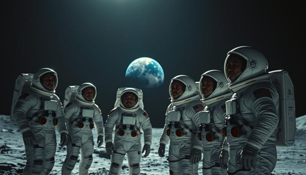 A group of space pioneers standing on a lunar landscape, their spacesuits gleaming in the harsh sunlight. In the background, the Earth hangs low on the horizon, a magnificent blue marble suspended in the inky blackness of space. The pioneers gaze out with a sense of awe and determination, symbols of humanity's relentless drive to explore the unknown. Soft lighting illuminates their faces, capturing the wonder and gravity of their mission. The scene is captured with a wide-angle lens, emphasizing the vastness of the lunar surface and the pioneers' insignificance against the grand scale of space exploration.