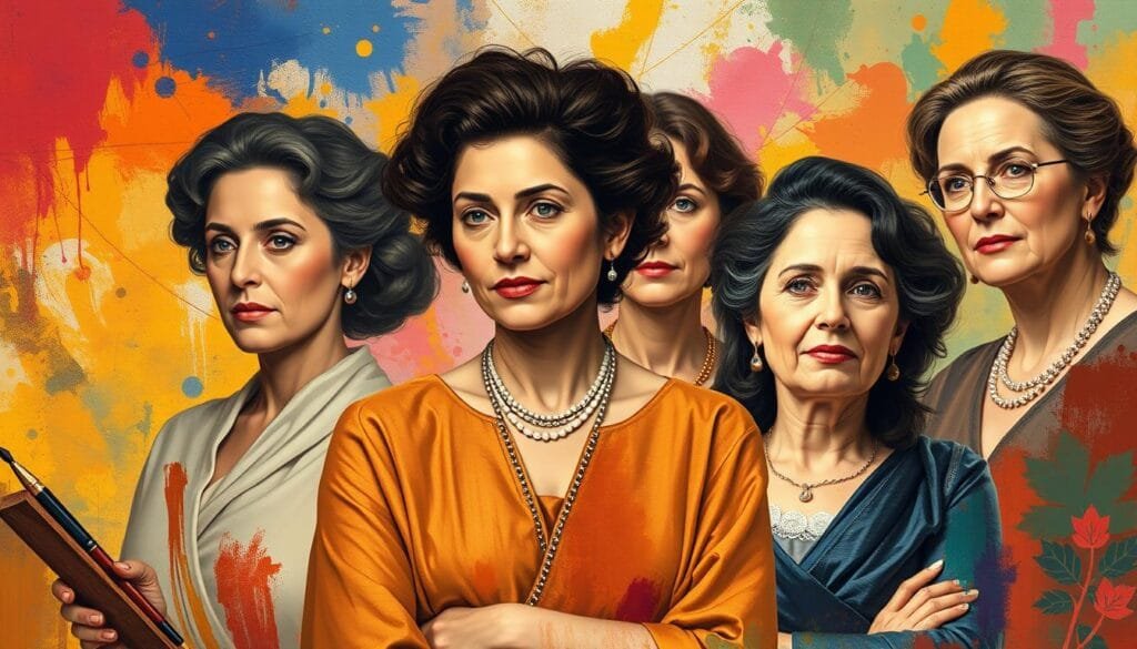 A group of visionary women artists, writers, and philosophers stand as beacons of cultural transformation. In the foreground, their expressive brushstrokes, flowing pens, and contemplative gazes radiate creativity and intellect. Surrounding them, a vibrant, colorful backdrop evokes the richness of their ideas and the impact they had on society. Soft, warm lighting illuminates their faces, conveying a sense of wisdom and resolve. The composition is balanced, with the women occupying the central focus, while the background elements support and enhance their presence. This image captures the power of these trailblazing individuals, whose legacies continue to shape and inspire us today.