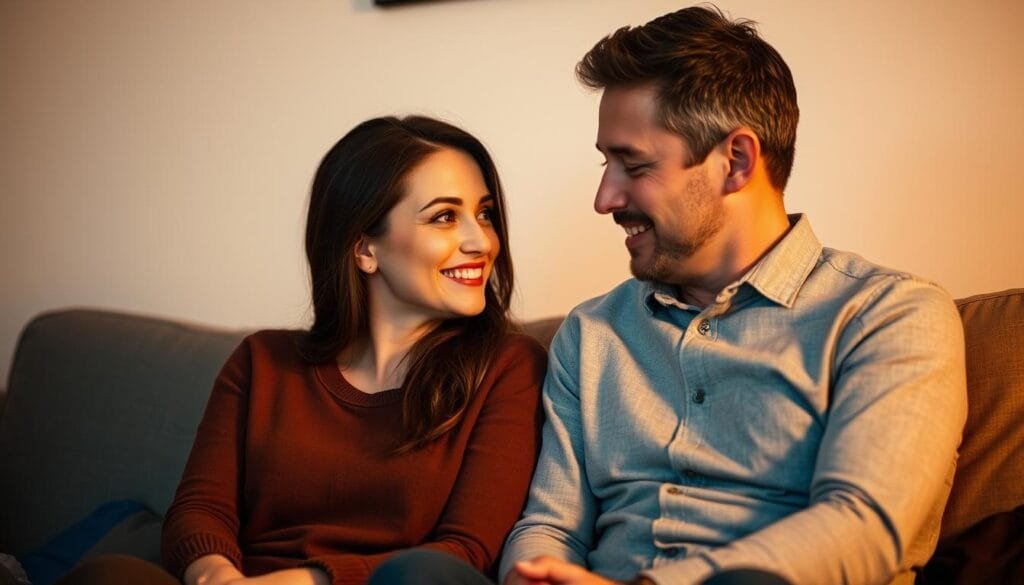 A harmonious couple sitting close together, engaged in an earnest conversation. Their faces are lit by warm, diffused lighting, creating a cozy, intimate atmosphere. The background is softly blurred, placing the emphasis on the couple's body language and facial expressions, which convey a sense of understanding and emotional connection. The scene is captured from a slightly elevated angle, giving the viewer a sense of observing a private, tender moment between the two individuals. The overall composition and mood evoke the idea of effective, open communication within a loving relationship.