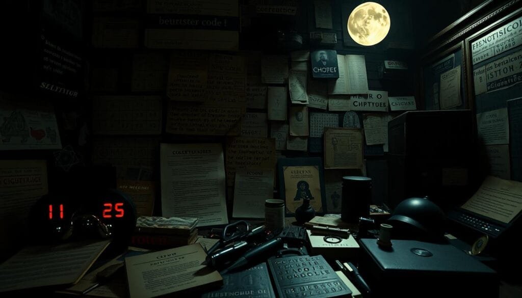 A high-contrast, cinematic image depicting various categories of secret codes and ciphers. The foreground features an array of encoded messages, codebreaking tools, and mysterious symbols, all illuminated by dramatic chiaroscuro lighting. The middle ground showcases a diversity of historical coding methods, from ancient hieroglyphics to modern cryptography. The background hints at the shadowy world of espionage and the unsolved mysteries of the past, with dimly lit archives and a sense of intrigue. The overall composition conveys the complexity, allure, and enduring power of secret codes throughout history.