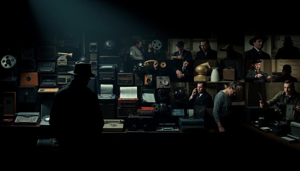 A high-contrast, cinematic scene depicting the evolution of espionage techniques throughout history. In the foreground, a shadowy silhouette of a spy wearing a trenchcoat and fedora, their face obscured by darkness. In the middle ground, a mosaic of vintage surveillance equipment - rotary phones, typewriters, reel-to-reel recorders, and analog cameras. In the background, a series of historical vignettes playing out across different eras - a Renaissance-era messenger carrying a sealed scroll, a Victorian-era gentleman covertly passing a letter, a mid-20th century agent using a microfiche reader. The lighting is low and dramatic, with pools of illumination casting dramatic shadows. The overall tone is one of intrigue, secrecy, and the ceaseless evolution of the hidden art of espionage.