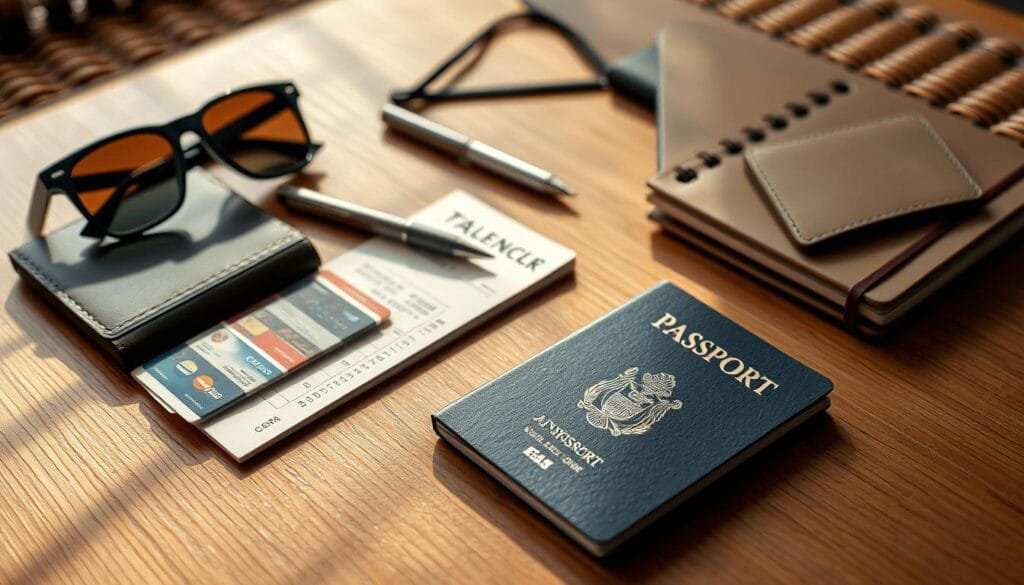 A high-quality, high-resolution image of a traveler's personal documents and valuables meticulously arranged on a wooden surface, illuminated by natural sidelighting. The foreground showcases a passport, boarding pass, and wallet with credit cards in an orderly layout. The middle ground includes a pair of sunglasses, a pen, and a traveler's notebook. The background features a woven fabric or rattan texture, conveying a sense of warm, earthy tones. The overall composition exudes a mood of organization, security, and preparedness, reflecting the importance of protecting one's essential travel items.
