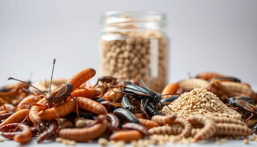 A high-resolution, detailed close-up of various edible insects presented as a sustainable protein source, shot with a professional studio lighting setup and macro lens. The foreground features an assortment of crickets, mealworms, and grubs against a blurred, neutral background. The insects are shown in a natural, appetizing arrangement, highlighting their unique textures and colors. The middle ground showcases a glass jar or container filled with dried, powdered insect protein. The overall scene conveys a scientific, laboratory-like atmosphere, with a sense of innovation and the future of alternative food sources.