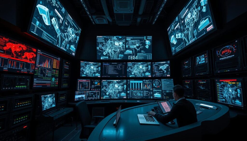 A high-tech digital surveillance control center, with multiple large screens displaying real-time data streams, intricate network visualizations, and live footage from security cameras. The room is dimly lit, with a tense, ominous atmosphere. In the foreground, a lone operator sits at a curved, futuristic workstation, intensely focused on the data, hands poised over a sleek, minimalist interface. The walls are lined with racks of advanced computing equipment, blinking lights, and cooling vents, creating a sense of technological power and sophistication. The scene conveys the unsettling reality of the modern digital surveillance state, where privacy and freedom are constantly under scrutiny.