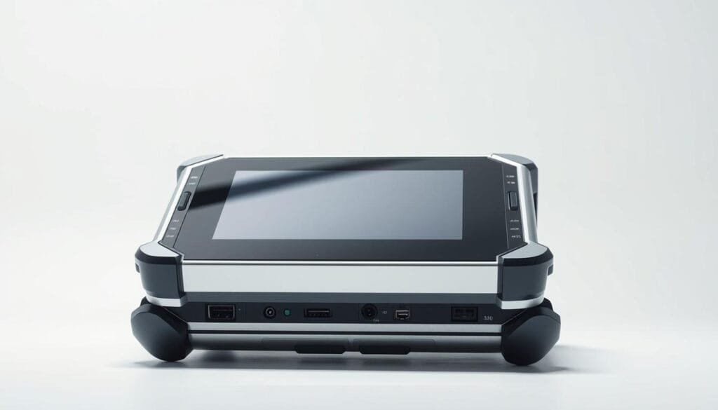 A high-tech mobile diagnostic device, its sleek metallic body gleaming under crisp studio lighting. The device's front panel features a touch screen display, surrounded by intuitive controls and input ports. In the background, a minimalist white backdrop creates a sense of focus and modernity. The overall composition conveys a professional, cutting-edge aesthetic, suitable for illustrating a section on problem-solving strategies using advanced technological tools.