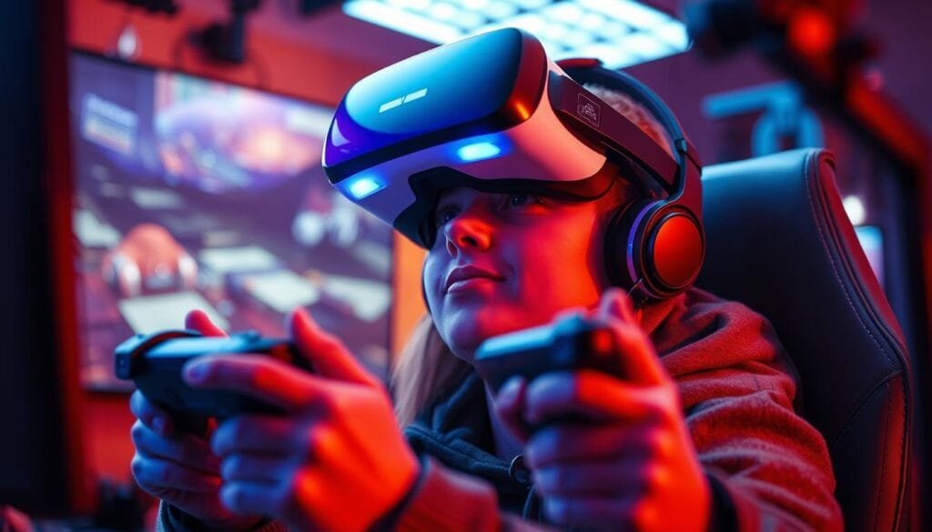 A high-tech virtual reality gaming setup, bathed in a warm glow of immersive lighting. A sleek, futuristic headset rests on a player's head, their eyes wide with wonder as they explore a captivating digital world. Tactile controllers in their hands, allowing seamless interaction with the virtual environment. Surrounded by state-of-the-art gaming peripherals, the player is fully immersed in a captivating, lifelike entertainment experience. The scene conveys a sense of technological advancement, cutting-edge innovation, and the boundless potential of virtual reality in the world of gaming and beyond.