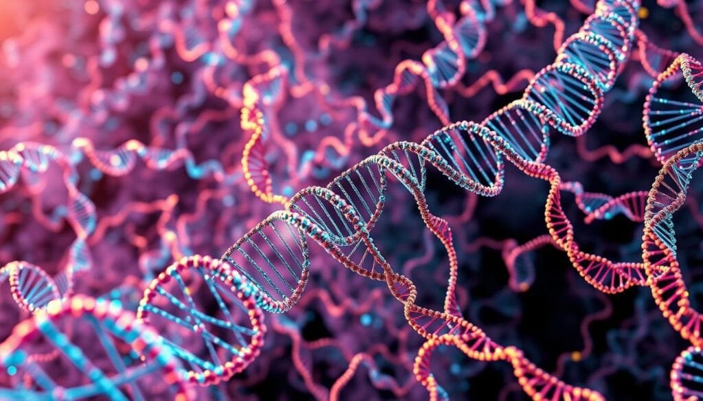 A highly detailed and lifelike digital illustration of the human genome, captured in a complex and intricate map-like visualization. The image should depict the genome as a vast, interconnected network of genetic code, with strands of DNA winding and intersecting in a mesmerizing, abstract pattern. The foreground should showcase the core genetic sequence, with vibrant colors and subtle gradients highlighting the unique structure of the genetic material. The middle ground should contain larger-scale features, such as chromosomes and gene clusters, while the background should feature a sense of depth and scale, with hints of the vast expanse of the human genome. The lighting should be soft and diffused, casting a warm, scientific glow over the entire scene, and the camera angle should be slightly elevated, allowing the viewer to appreciate the full scope and complexity of this essential biological map.