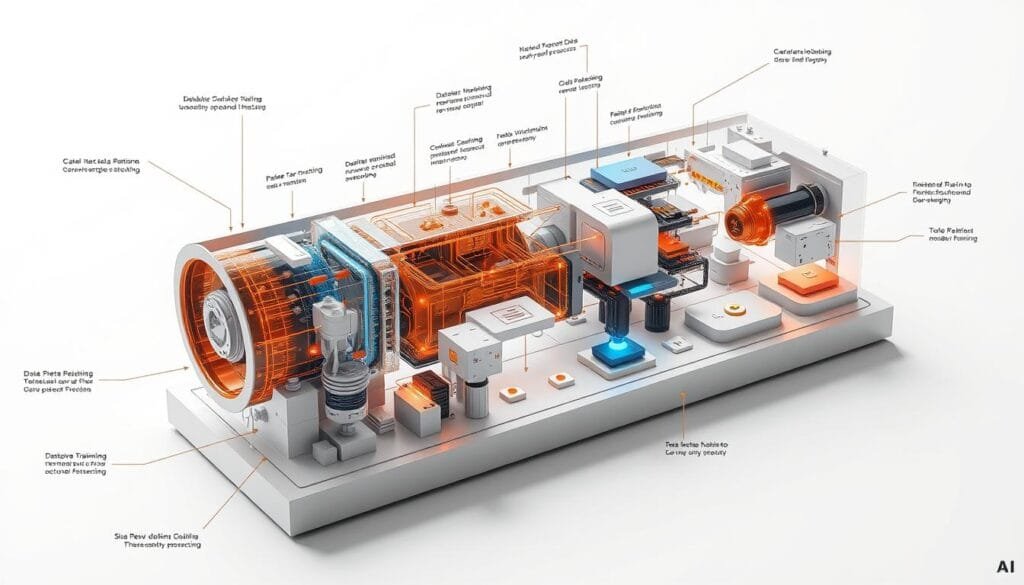 A highly detailed, cross-sectional diagram depicting the foundational elements and inner workings of an AI training pipeline. Show a meticulously rendered 3D schematic with a cutaway view, revealing the intricate data processing stages, neural network architecture, and algorithmic logic. Capture the complex computational flow with precision, from the initial dataset ingestion and preprocessing, through the iterative training cycles, to the final model optimization. Utilize a dramatic, high-contrast lighting scheme to emphasize the technical complexity and dynamic nature of the process. Render the scene with a clean, minimalist aesthetic, focusing on the core mechanics rather than extraneous visual elements. Convey a sense of order, structure, and scientific rigor befitting the technical subject matter.