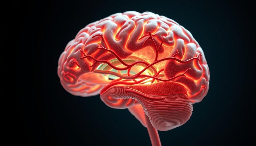 A highly detailed, hyper-realistic 3D render of a human brain cross-section, with a focus on the cerebrovascular system and oxygenation processes. The brain is illuminated from within, showcasing the intricate network of blood vessels and capillaries. The image should convey a sense of scientific precision and depth, revealing the complex mechanisms of oxygen delivery to the brain tissue. Subtle textures, shading, and depth-of-field effects should enhance the sense of realism. The overall tone should be neutral and educational, suitable for an informative article on the science behind yawning.