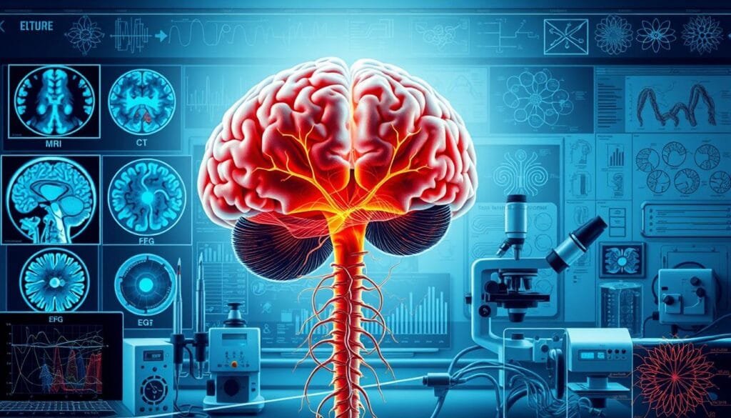 A highly detailed, scientifically accurate illustration of the techniques and tools used in the study of the nervous system. The image shows a cross-section of the human brain and spinal cord, with various neuroimaging modalities like MRI, CT, and EEG depicted in the foreground. In the middle ground, there are microscopes, electrodes, and other laboratory equipment used for electrophysiological and histological analyses. The background features diagrams, charts, and schematics showcasing the complex neural pathways and structures. The lighting is bright and clinical, conveying a sense of precision and rigor in the scientific endeavor. The overall mood is one of exploration and discovery, reflecting the investigative nature of neuroscience research.