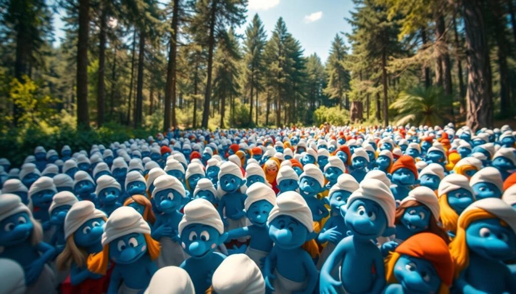 A large crowd of Smurfs gathered in a lively, vibrant scene. In the foreground, dozens of Smurfs in various shades of blue stand closely together, their cheerful expressions and distinct features capturing the playful, whimsical mood. In the middle ground, the Smurfs are engaged in a variety of activities, some dancing, others interacting with one another. The background depicts a lush, verdant forest setting, with tall trees and a clear blue sky overhead, creating a sense of natural wonder and enchantment. The lighting is soft and warm, casting a gentle glow over the entire scene, heightening the festive, celebratory atmosphere. Captured with a wide-angle lens, the image conveys a sense of immersion, allowing the viewer to feel part of the Smurf gathering.