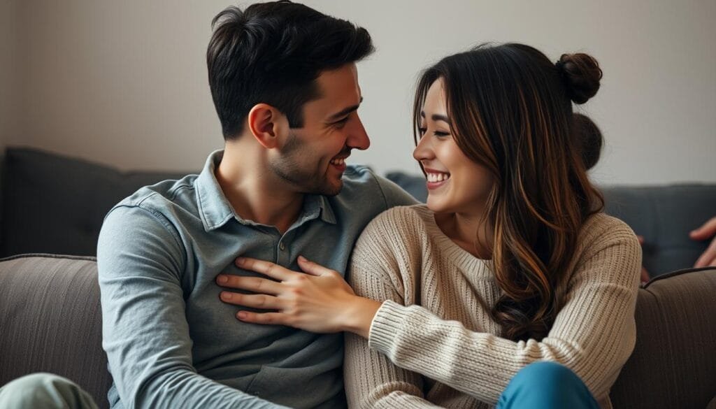 A loving, affectionate couple enjoying a warm, intimate moment together. They are sitting close, gazing into each other's eyes with genuine care and fondness. Soft, natural lighting illuminates their serene expressions, highlighting the deep emotional connection between them. The background is blurred, keeping the focus on their gentle embrace and the sense of comfort and trust they share. The overall mood is one of genuine friendship, intimacy, and profound appreciation for one another.