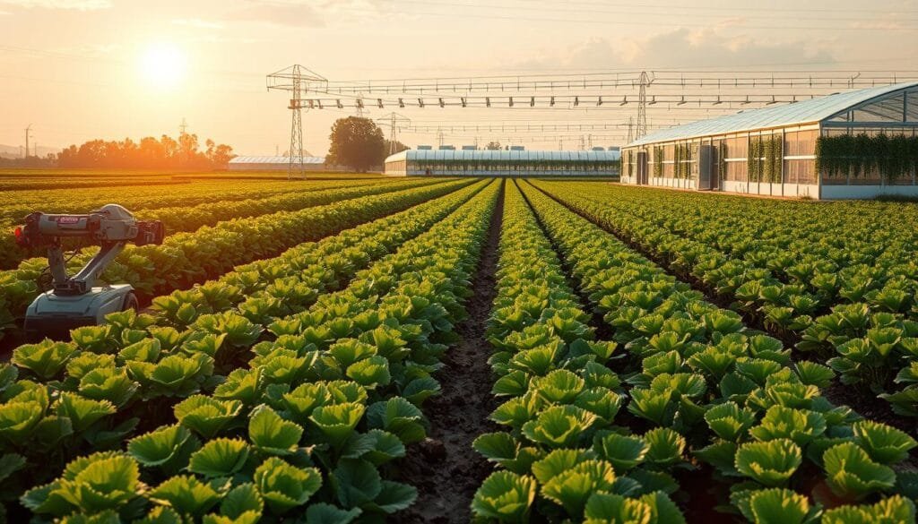 A lush, verdant agricultural landscape with a focus on precision farming techniques. In the foreground, rows of crops thrive under the warm glow of the sun, with robotic agricultural equipment precisely tending to the plants. In the middle ground, a network of sensors and monitoring devices gather data on soil moisture, nutrient levels, and weather conditions, feeding this information into a central control system. In the background, modern greenhouses and hydroponics facilities dot the horizon, showcasing the cutting-edge technologies that enable sustainable, resource-efficient food production. The scene conveys a harmonious balance between nature and technology, where digital innovations empower a new era of "green agriculture" that minimizes waste and environmental impact.