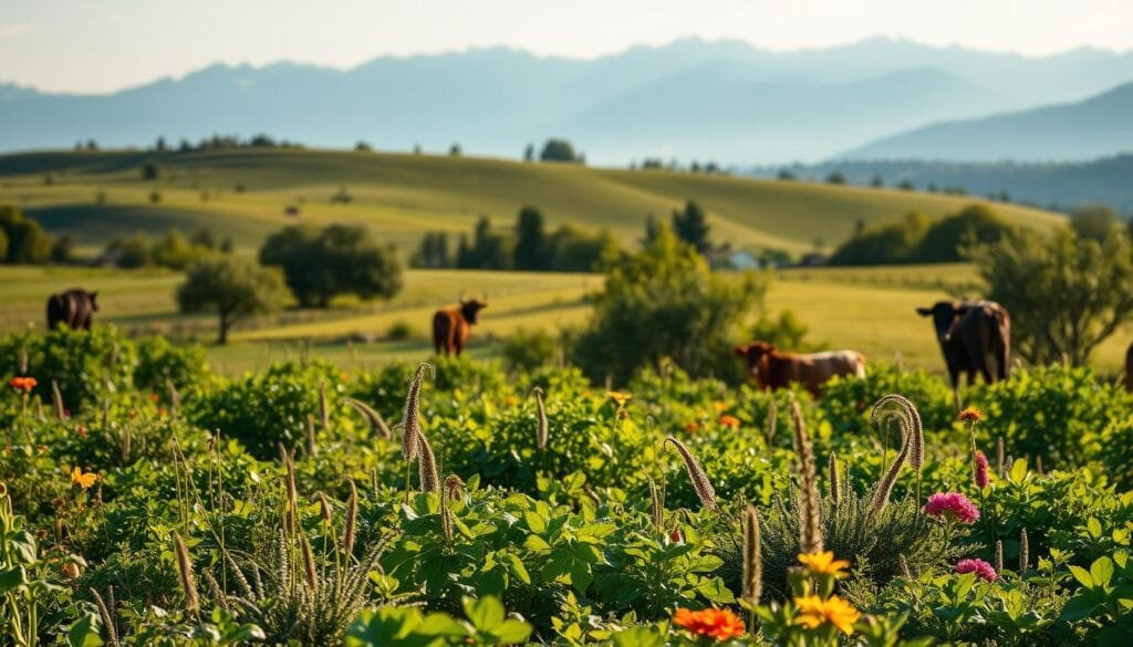 A lush, verdant landscape of a regenerative agriculture farm, bathed in warm, golden sunlight. In the foreground, a thriving polyculture of diverse crops and plants, including vibrant vegetables, herbs, and flowering plants, all coexisting in harmony. The middle ground features rolling hills dotted with fruit trees and grazing livestock, their movements captured in a soft, natural focus. In the background, a distant horizon line marked by towering mountains, their peaks capped with pristine snow. The atmosphere is one of tranquility and abundance, conveying the sustainable and environmentally-conscious nature of this organic, biodynamic agricultural system.